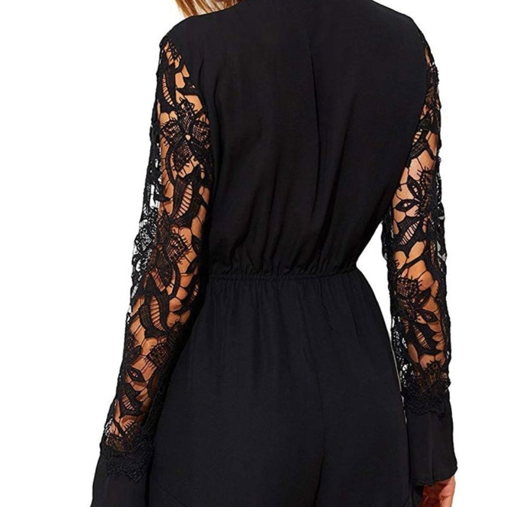 POINT OF VIEW BLACK LONG CROCHET SLEEVE ROMPER - Picture 5 of 10